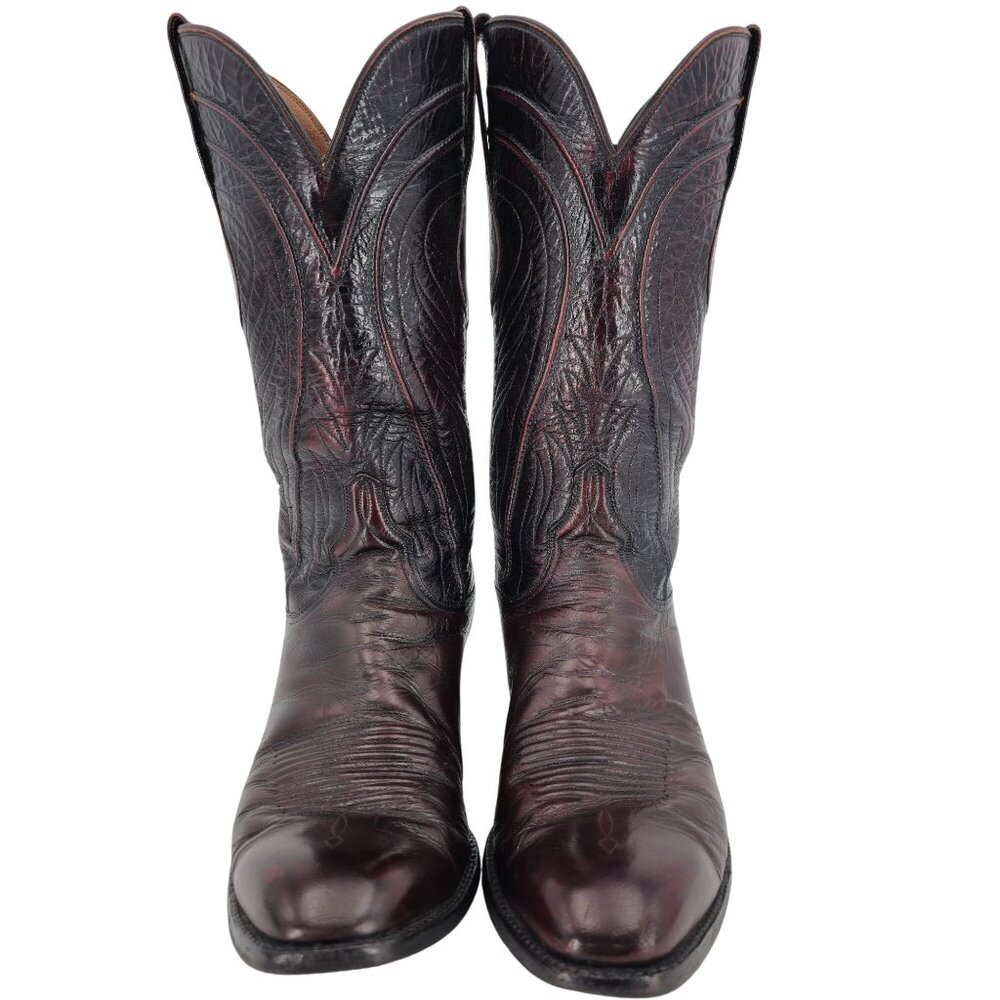 Vintage Lucchese Mens 9.5D Black Cherry Burgundy Leather Cowboy Western Boots - Picture 4 of 16